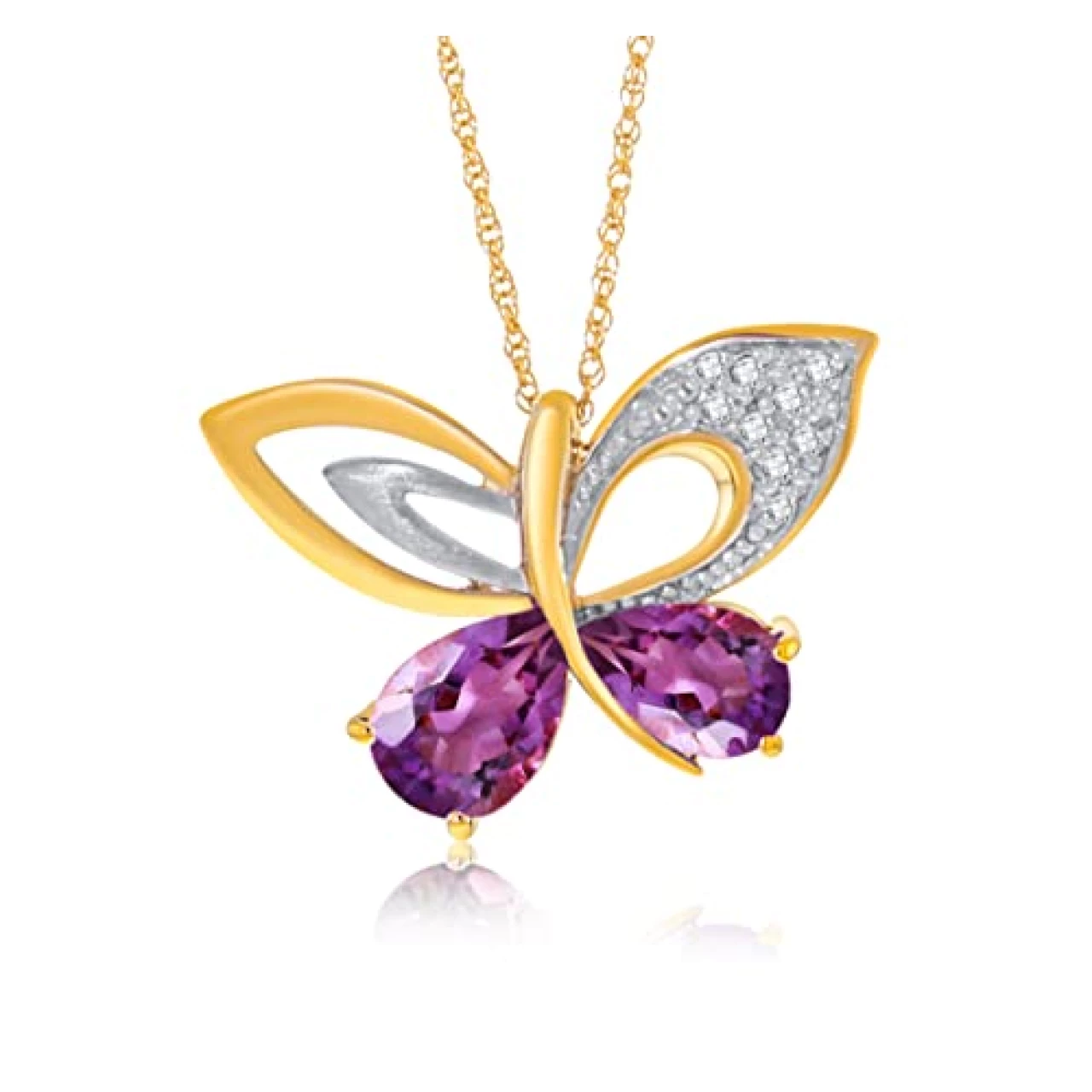 Galaxy Gold GG 14k 22&quot; Yellow Gold Butterfly Necklace with Natural Diamonds and Amethysts