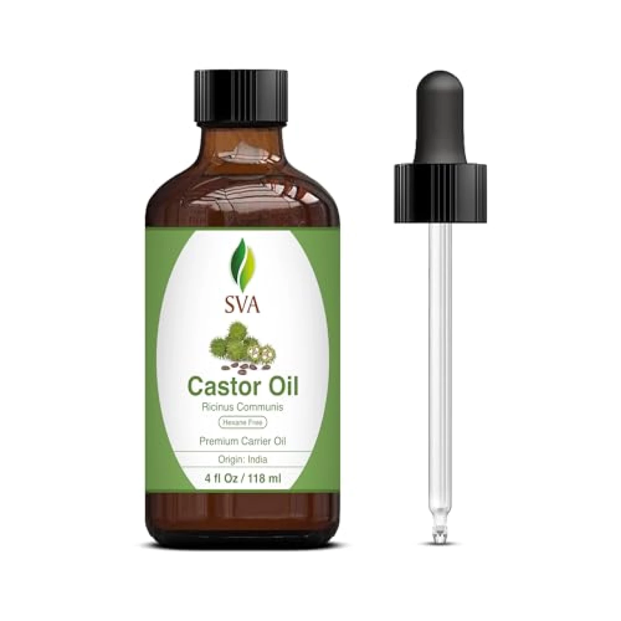 SVA Castor Oil 4 Oz (118 ML) with Dropper, 100% Pure, Therapeutic Grade | Cold Pressed, Hexane Free - Hair Growth, Eyelashes, Eyebrows, Skin &amp; Body Massage.