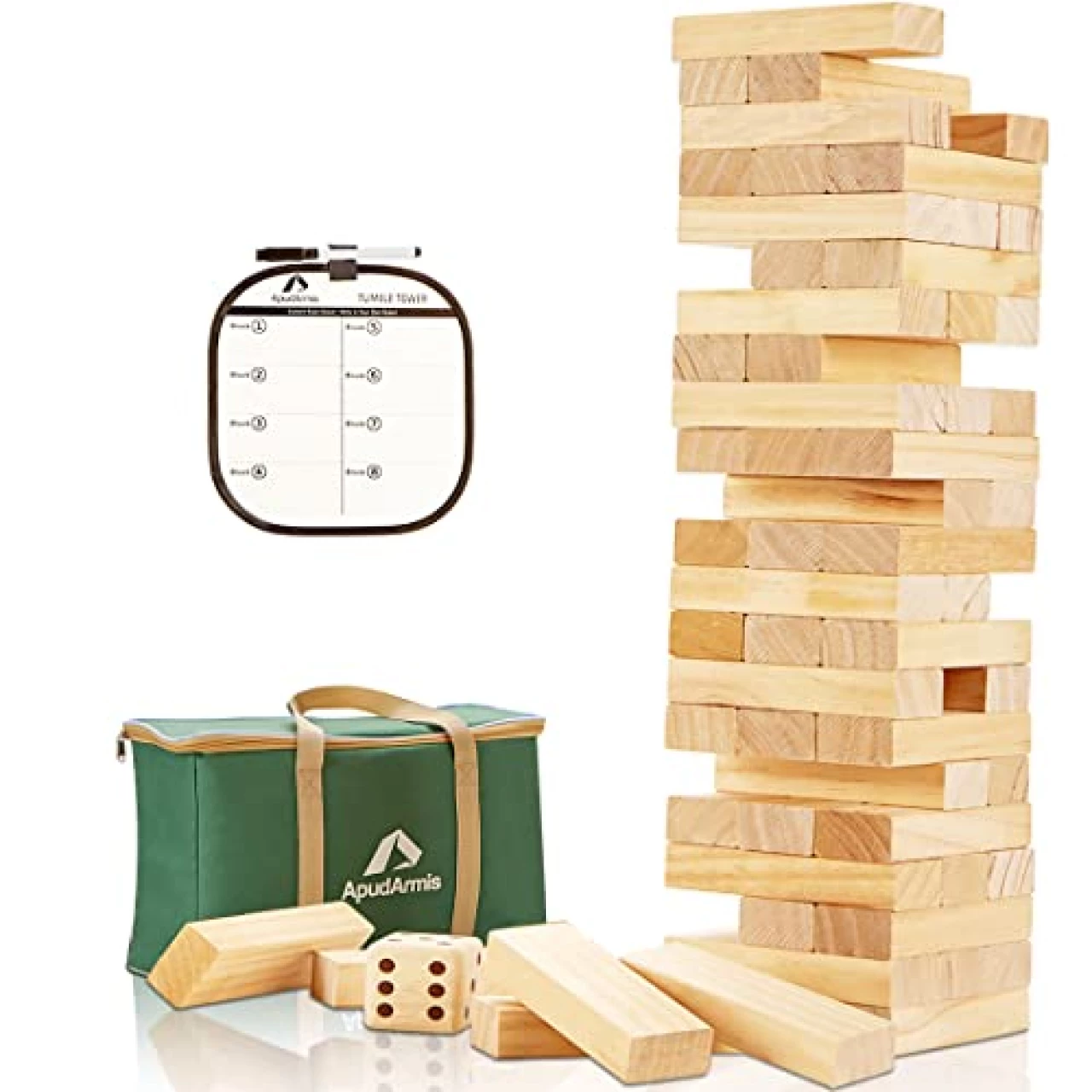 ApudArmis Giant Tumble Tower (Stack up to 4.2Ft), 54 PCS Pine Wooden Stacking Timber Game with 1 Dice Set - Classic Block Outdoor Game for Kids Adults Family