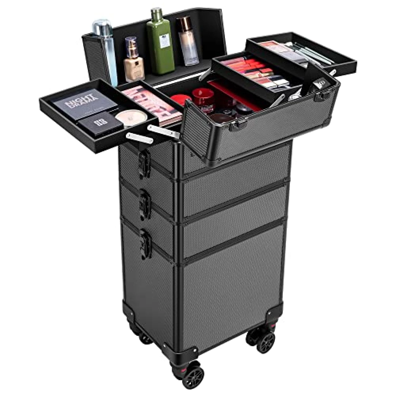 VIVOHOME 4 in 1 Makeup Rolling Train Case Aluminum Trolley Professional Cosmetic Organizer