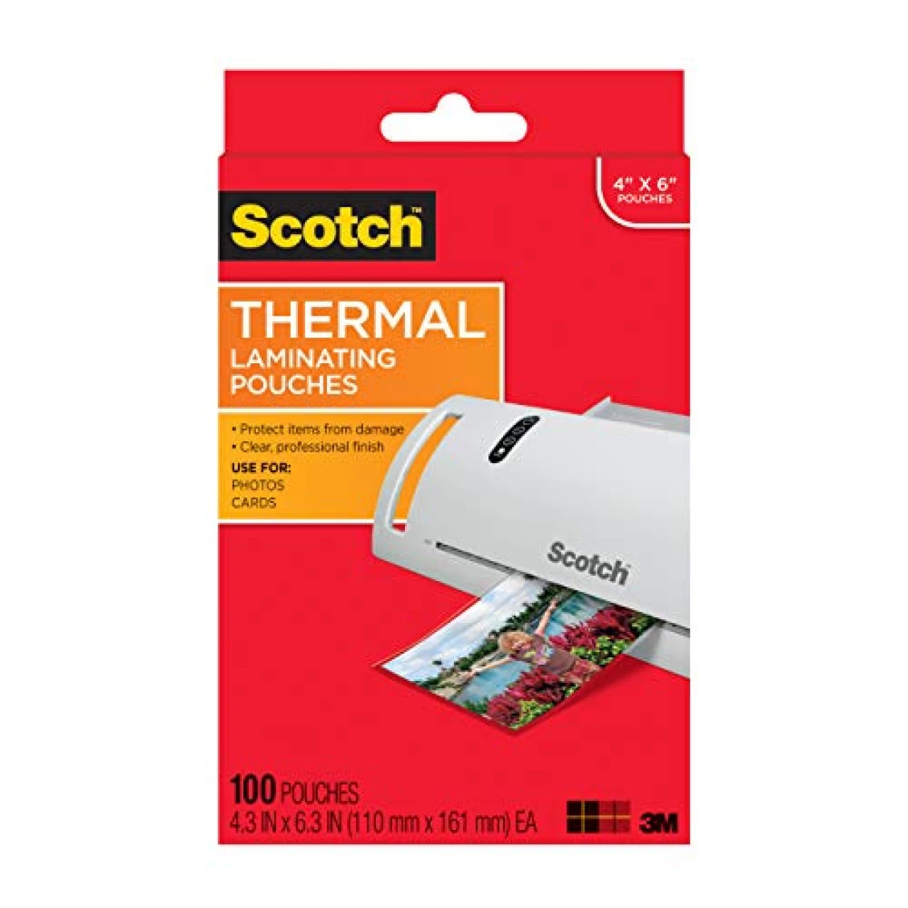 Scotch Thermal Laminating Pouches, 100 Count, Clear, 5 mil., Laminate Business Cards, Banners and Essays, Ideal Office or School Supplies, Fits Photo Sized (4.3 in. × 6.3 in.) Paper