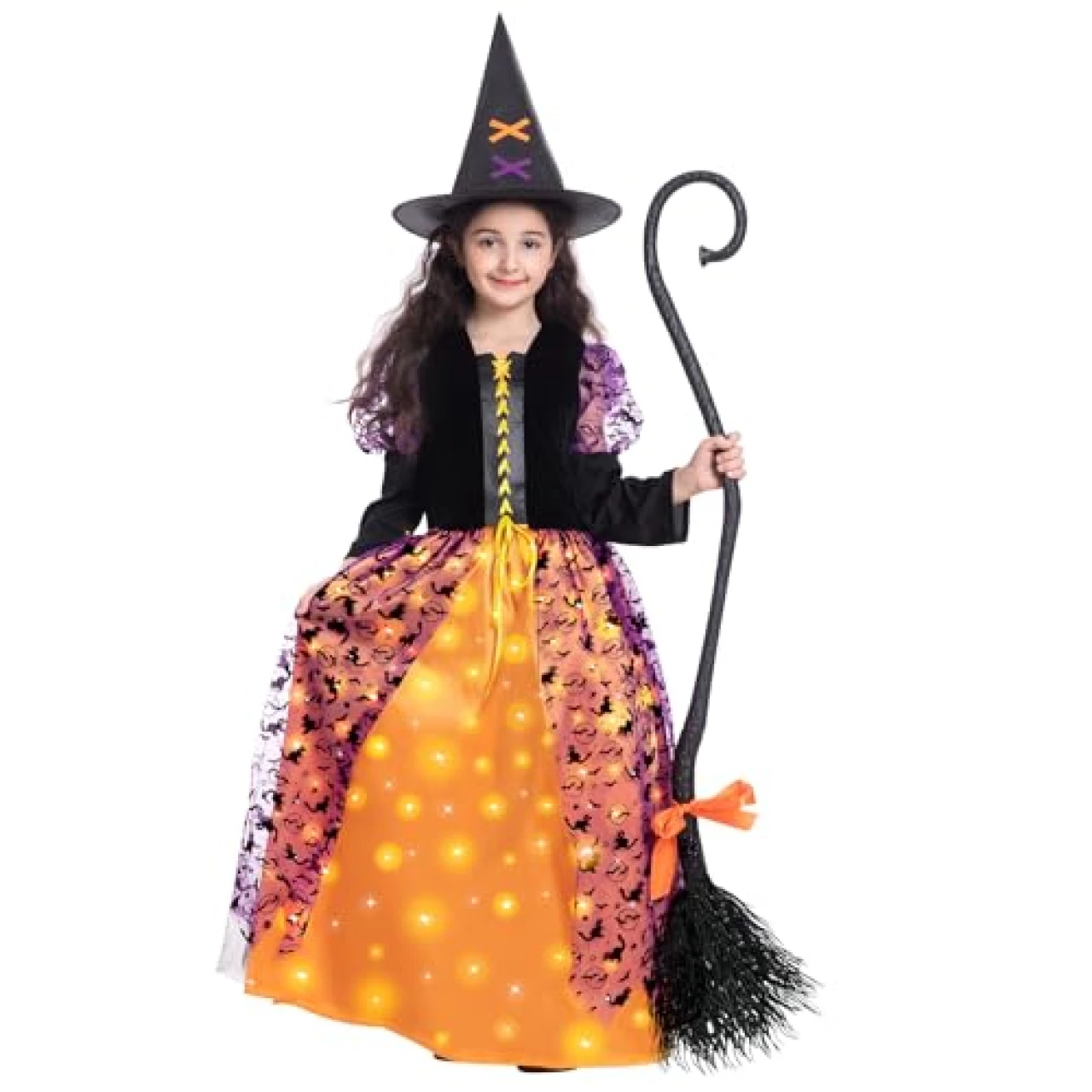 Witch Halloween Costume for Girls, Light Up Witch Dress Deluxe Outfit with Hat and Broom, Kids Twinkle Witch Costumes for Halloween Dress Up Party (Large)