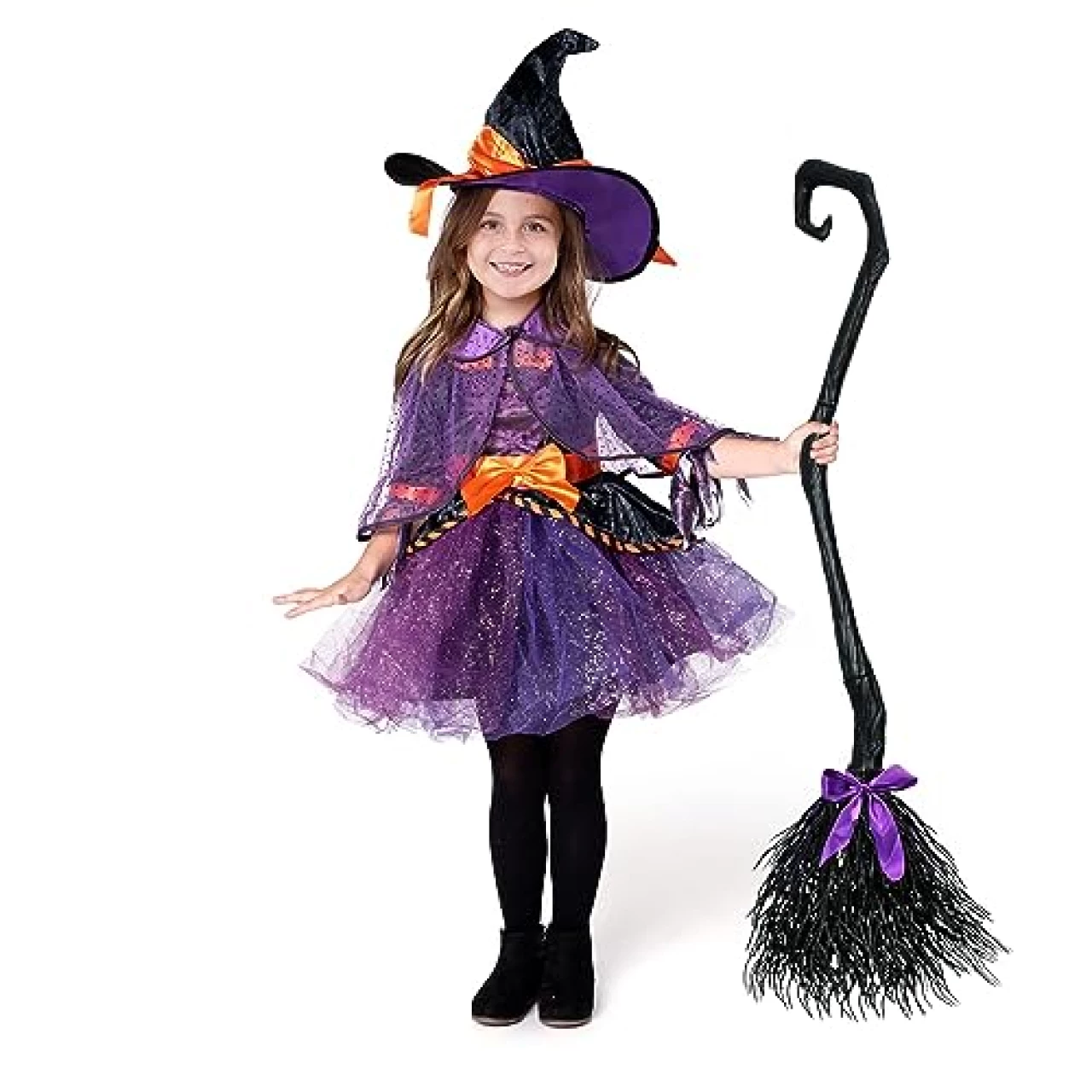 Spooktacular Creations Child Girl Orange Purple Witch costume with Broom for Girls Halloween Dress Up