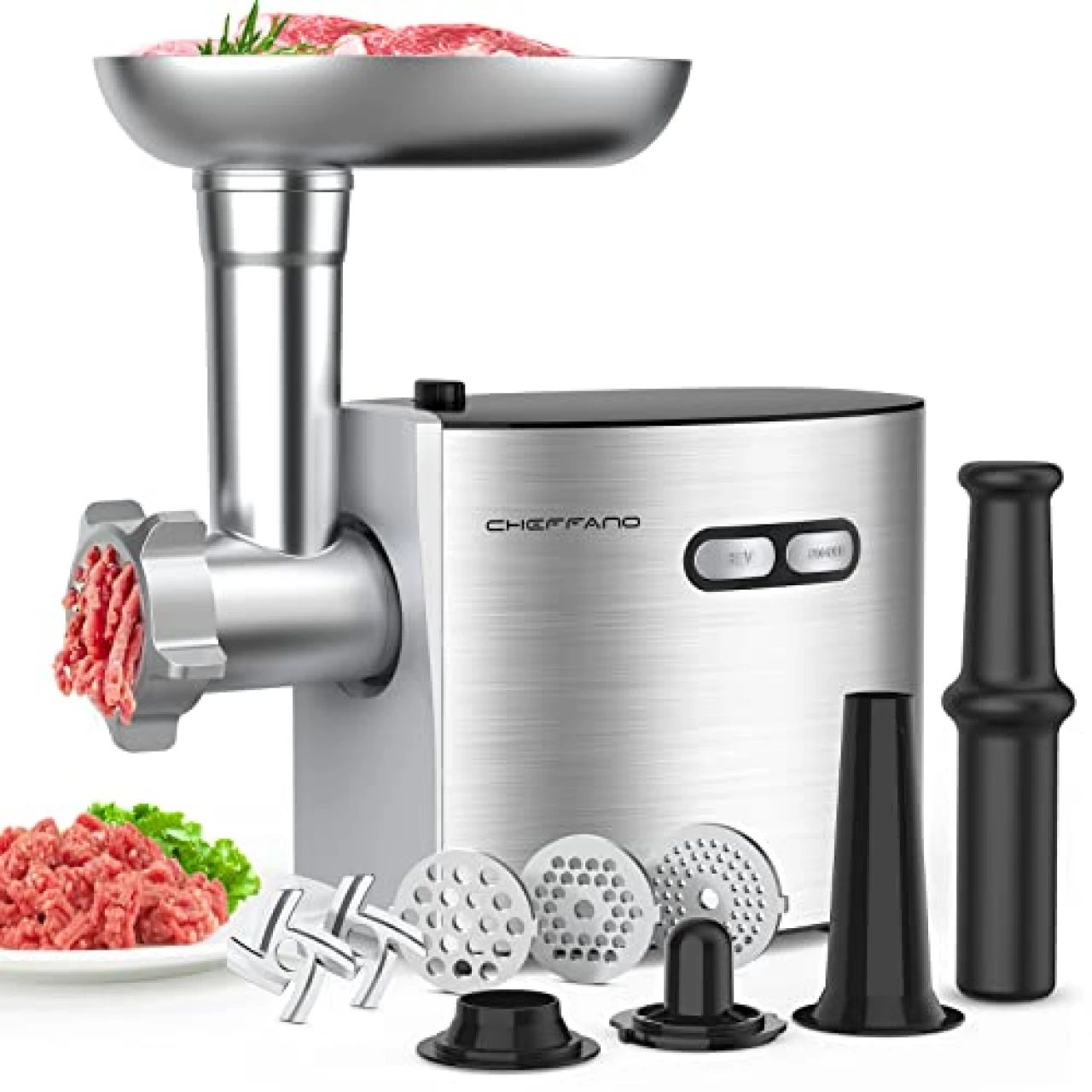 CHEFFANO Meat Grinder, 2600W Max Stainless Steel Meat Grinder Electric, ETL Approved Heavy Duty Meat Mincer Machine with 2 Blades, 3 Plates, Sausage Stuffer Tube &amp; Kubbe Kit for Home Kitchen Use