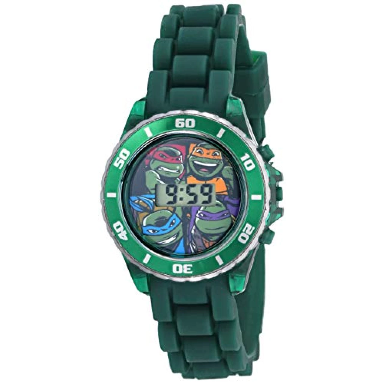 Ninja Turtles Kids&rsquo; Digital Watch with Matallic Green Bezel, Flashing LED Lights, Green Strap - with Teenage Mutant Ninja Turtles on the Dial, Safe for Children - Model: TMN4008