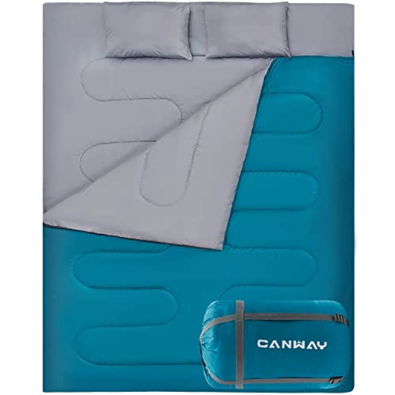 CANWAY Double Sleeping Bag with 2 Pillows, Waterproof Lightweight 2 Person Sleeping Bag for Camping,Backpacking, Hiking Outdoor Indoor for Adults or Teens Queen Size XL （Lake Blue-Polyester）