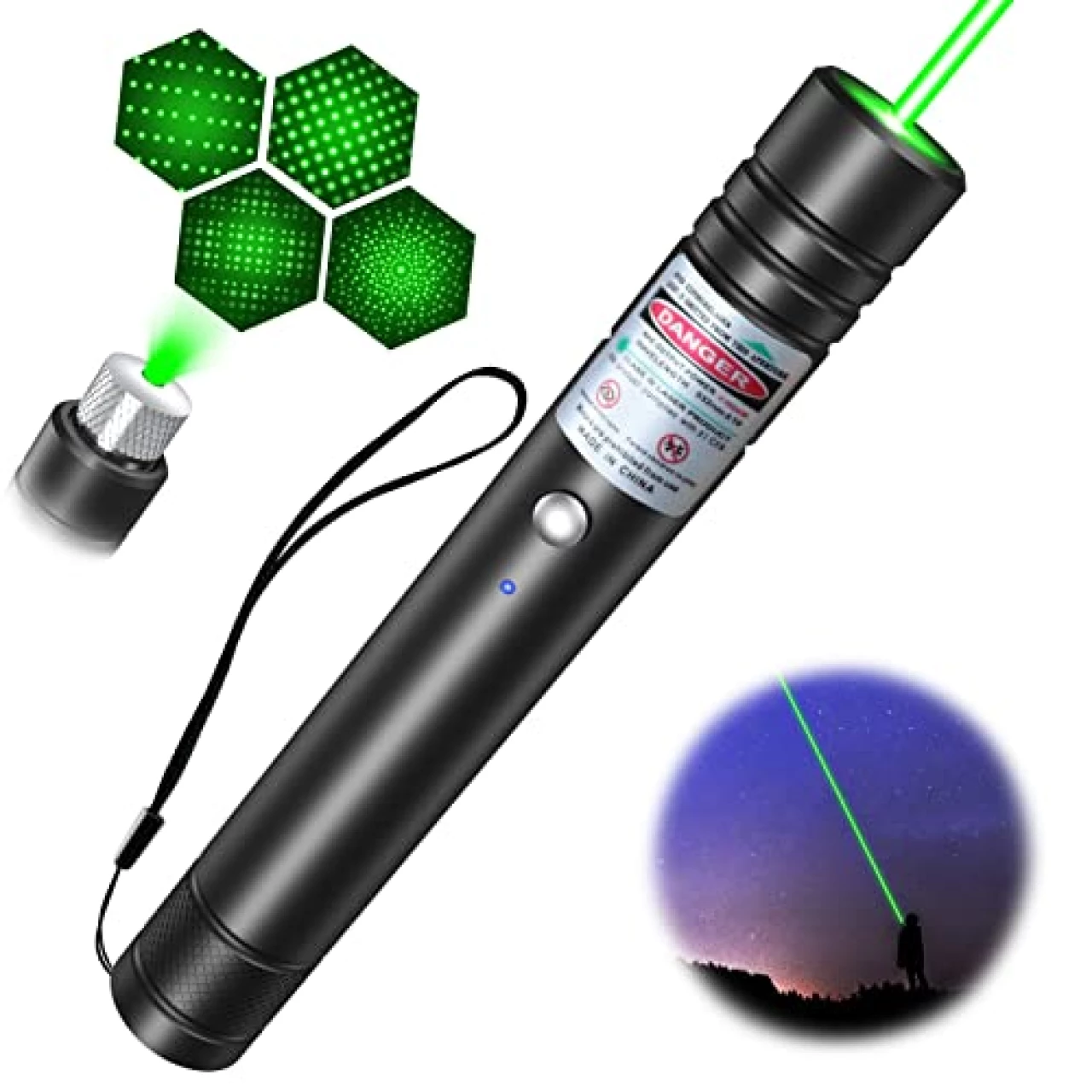 DCLIKRE Green Laser Pointer High Power, USB Rechargeable Strong Green Lights Laser Pen with Star Cap, Long Range Lazer Beams