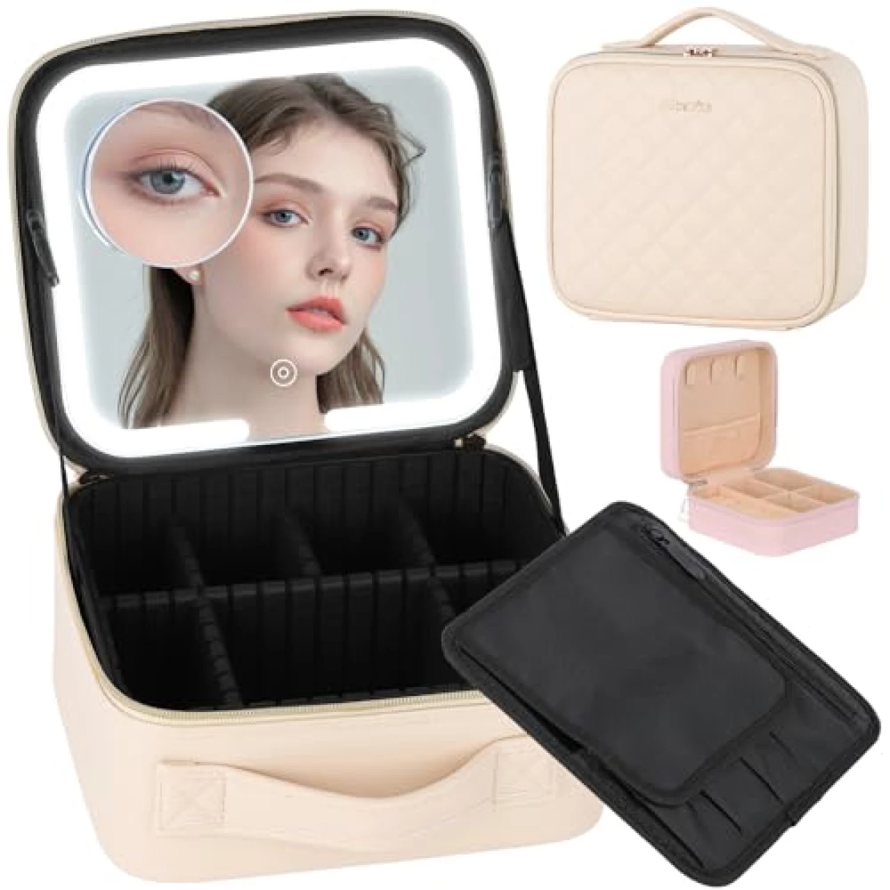 Aiborke Travel Makeup Bag with Light Up Mirror Makeup Case with Lighted Mirror Cosmetic Organizer bag with Adjustable Dividers and 10x Magnifying Mirror (Beige)