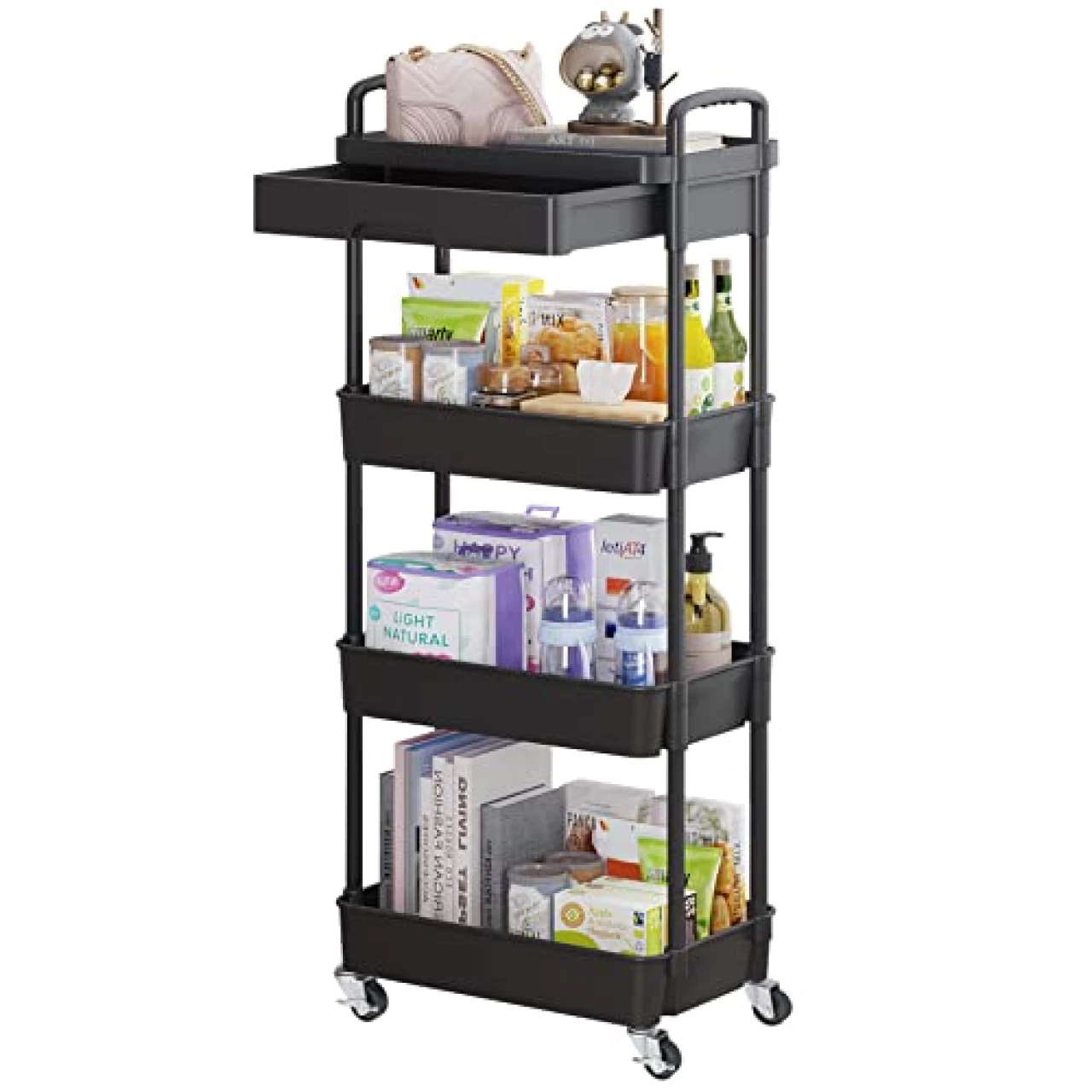 Calmootey 4-Tier Rolling Utility Cart with Drawer, Multifunctional Storage Organizer, Black