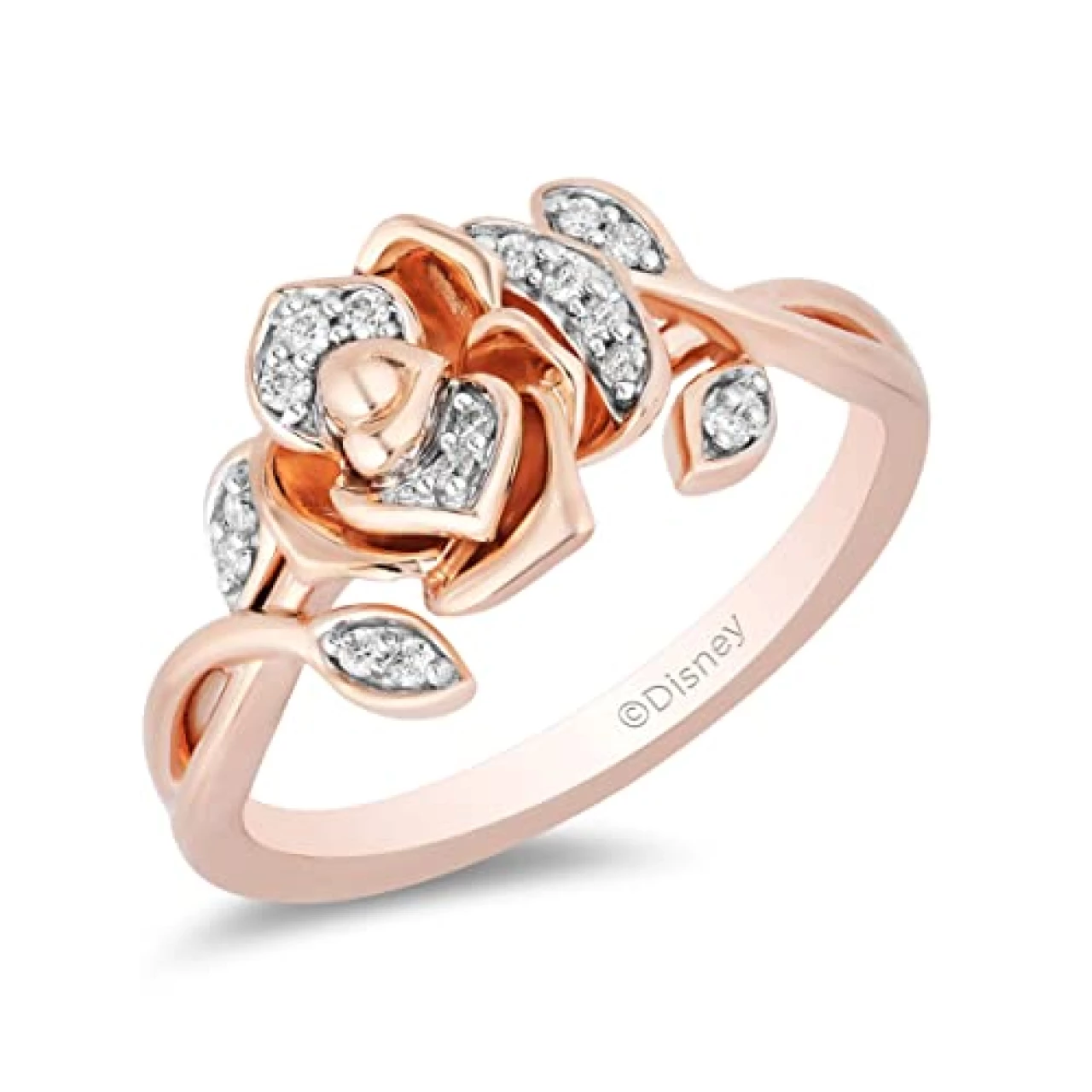 Jewelili Enchanted Disney Fine Jewelry 14K Rose Gold Over Sterling Silver 1/10 Cttw White Round Diamond Belle
