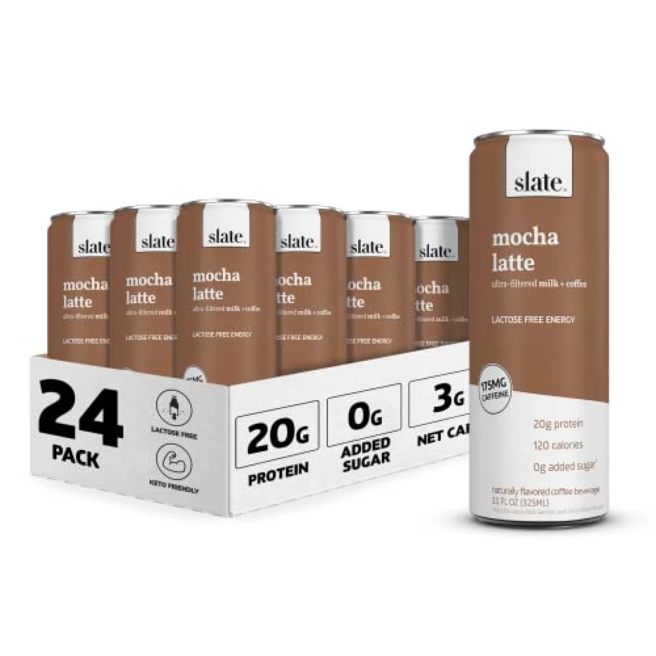 Slate Milk - High Protein Shake, Mocha Latte, 20g Protein, 0g Added Sugar, 175mg Caffeine, Lactose Free, Keto, All Natural (11 oz, 24-Pack)