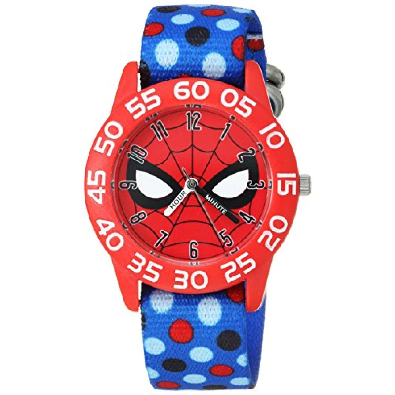 Marvel Spider-Man Kids&rsquo; Plastic Time Teacher Analog Quartz Nylon Strap Watch, Red/Blue Multi