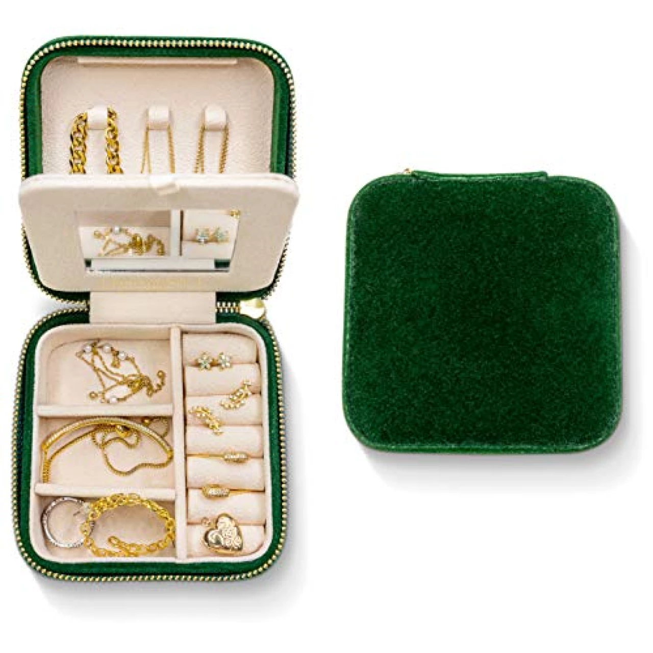 Plush Jewelry Organizer Box |Small Jewelry Boxes | Jewelry Organizer, Jewelry Travel Case for Women | Earring Organizer with Mirror - Emerald Velvet