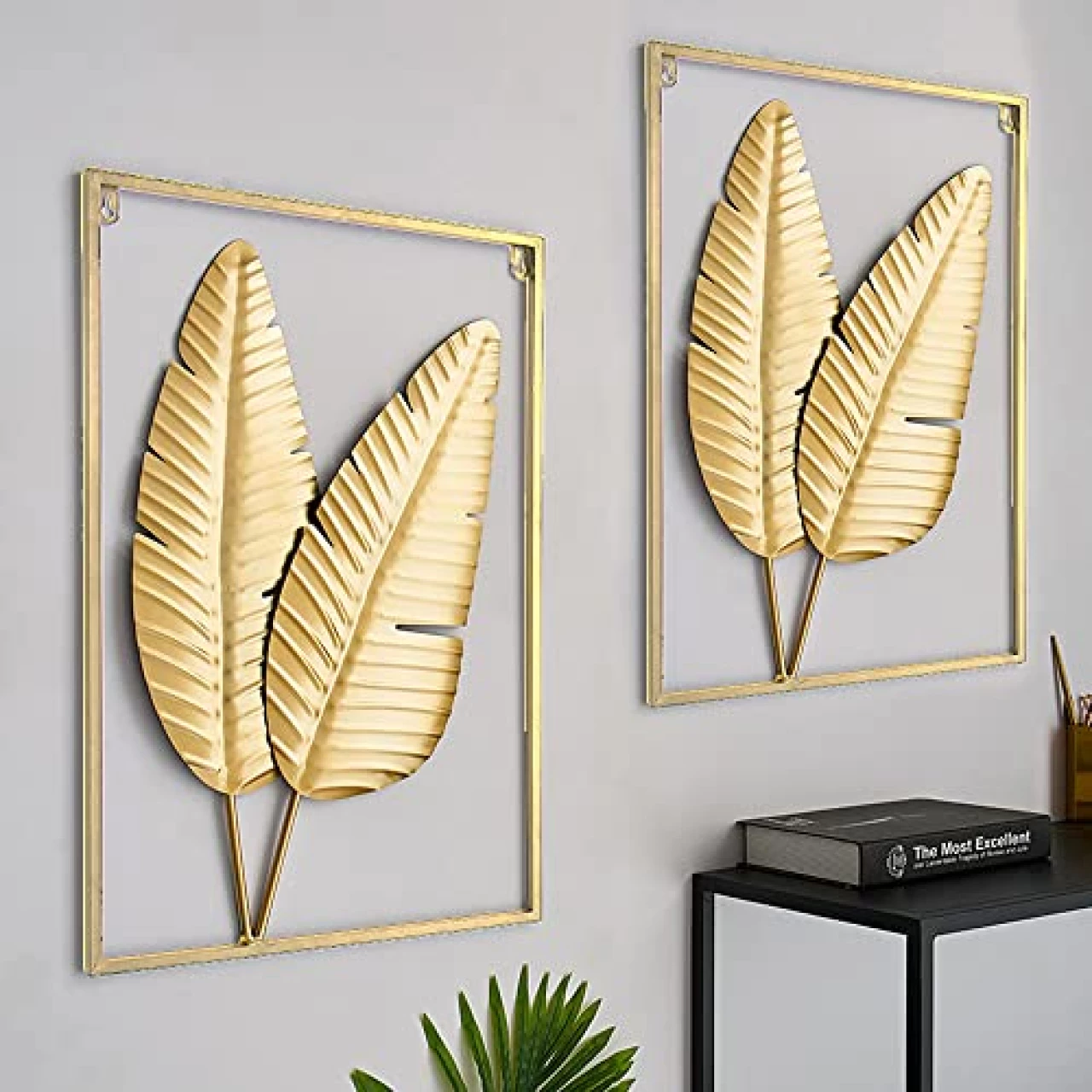 HKaikzo Gold Metal Wall Decor Set of 2, Leaf Wall Hanging Home Decor with Frame, Modern Wall Art Decor Wall Sculptures for Living Room, Bedroom, Office, Hotel, Large 24&quot; X 16&quot;