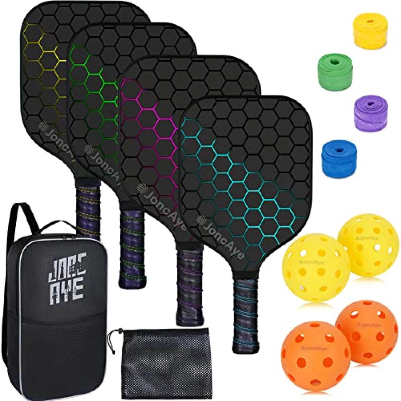 Pickleball Paddles Set of 4 incl 4 Fiberglass Pickleball Rackets, 4 Balls, 1 Paddle Bag, 4 Grip Tapes, JoncAye Pickleball Set for Outdoor and Indoor, Pickleball-Paddle-Set of 4 with Accessories