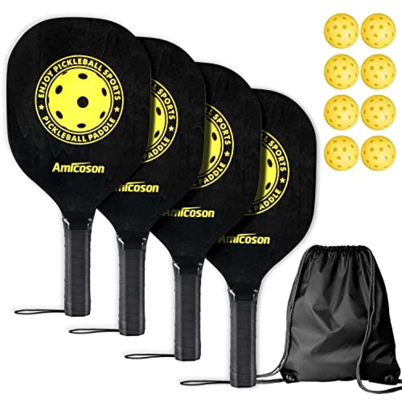 Amicoson Pickleball Paddles - Set of 4 Paddles, Indoor &amp; Outdoor Balls, Paddle Wood Racket Ergonomic Cushion Grip, 8 Balls 1 Carry Bag