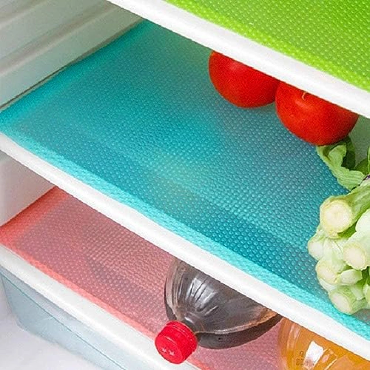 FinalNest 12Pcs Refrigerator Mats, Waterproof Non-Slip EVA Refrigerator Liner Pads Drawers Shelves Cabinets Storage Kitchen and Placemats(12Pack: 4 Blue+4 Green+4 Red)