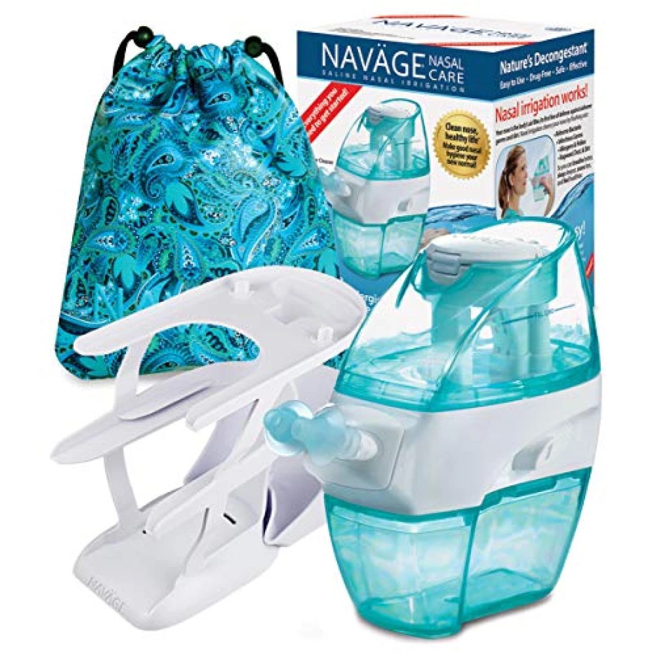 Navage Deluxe Bundle - Navage Nasal Irrigation System - Saline Nasal Rinse Kit with 1 Navage Nose Cleaner, 20 Salt Pods, Paisley Travel Bag and 1 Countertop Caddy