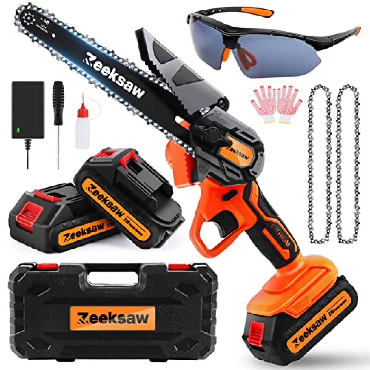 Mini Chainsaw 6 Inch Cordless, Zeeksaw Super Power Hand Chain Saw with batteries, 1 Hour Run-Time Electric Mini Cordless Chainsaw, Handheld Small Chainsaws Battery Powered -Yard Camping -Time Saver