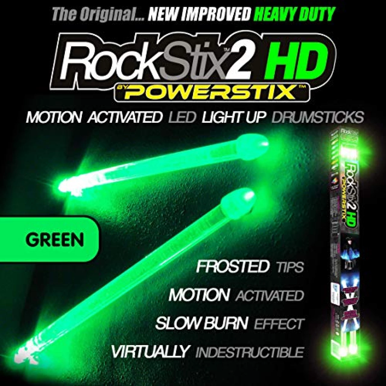 ROCKSTIX 2 HD GREEN, BRIGHT LED LIGHT UP DRUMSTICKS