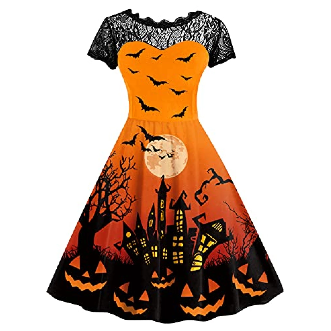 Halloween Womens Short Sleeve Swing Lace Dress Party Pumpkin Bat Vintage Costume Pumpkin Castle Orange M