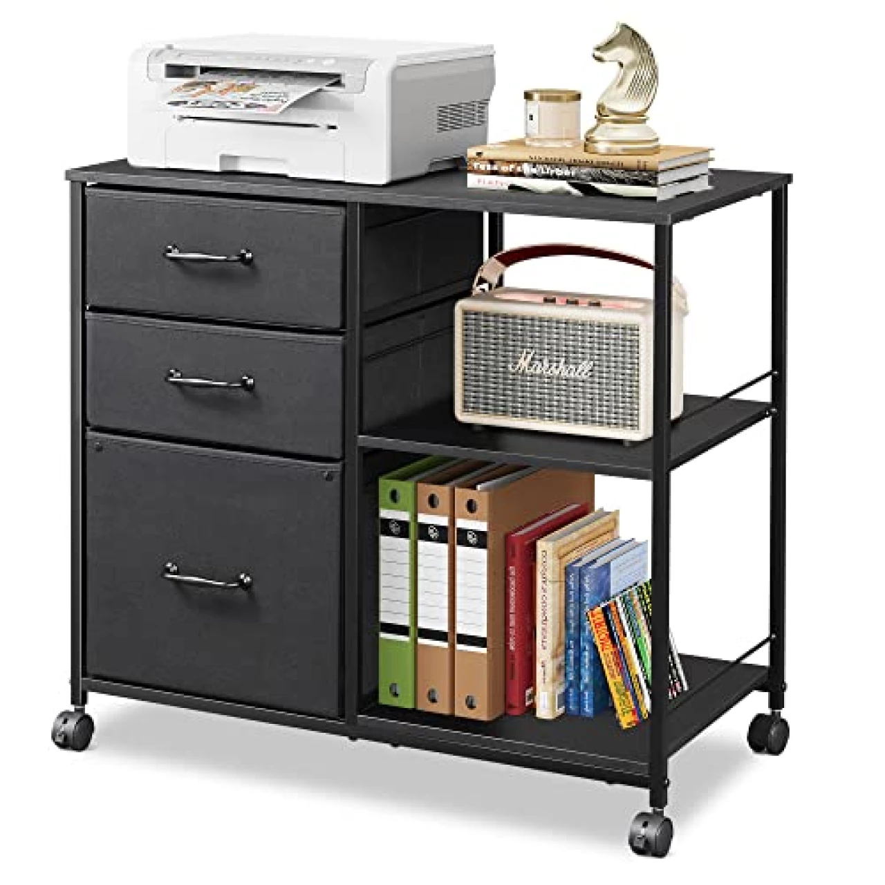 DEVAISE 3 Drawer Mobile File Cabinet, Rolling Printer Stand with Open Storage Shelf, Fabric Lateral Filing Cabinet fits A4 or Letter Size for Home Office, Black