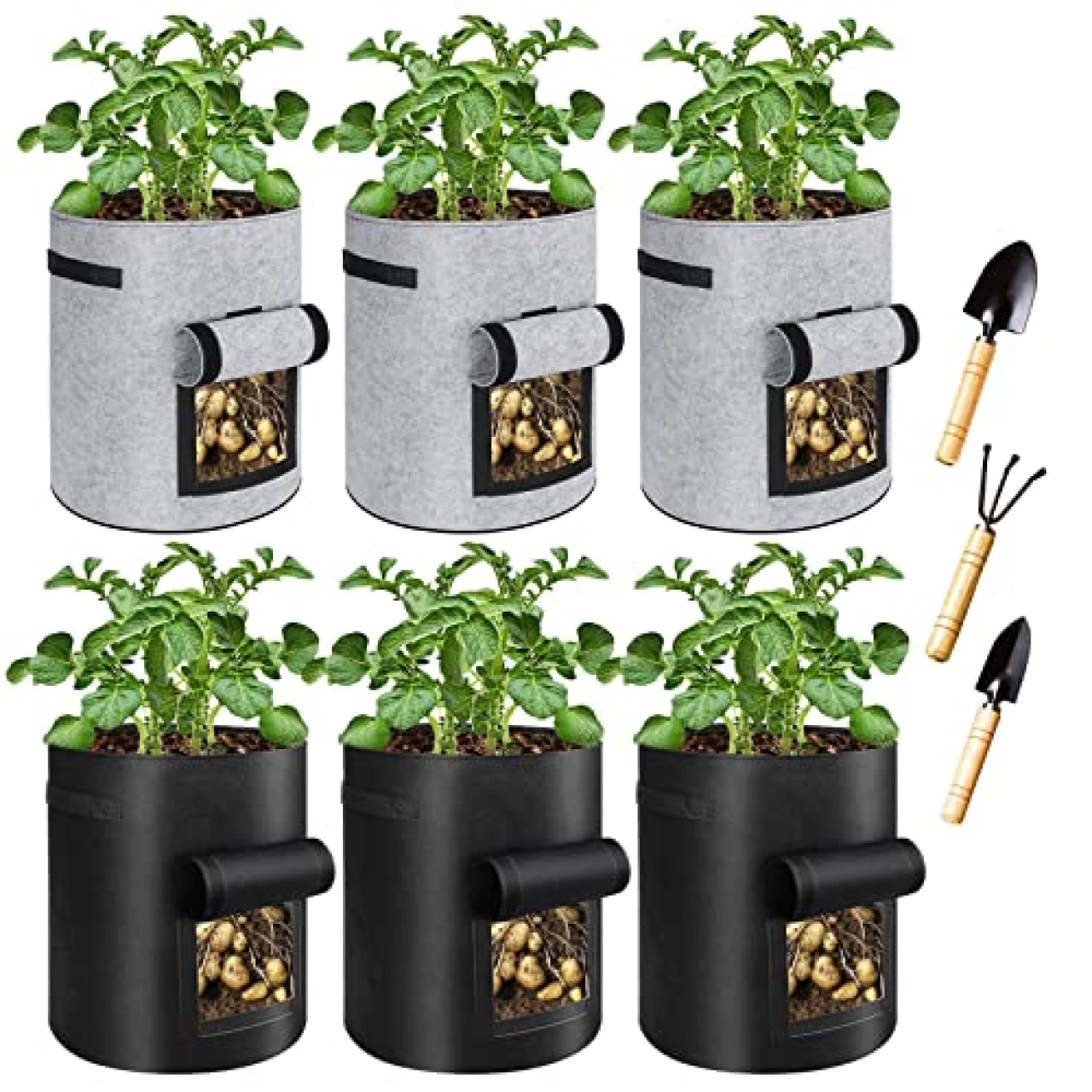 6 Pack 10 Gallon Potato Grow Bags with Flap Window, Garden Planting Bag with Durable Handle, Plant Pots for Tomato, Vegetable and Fruits