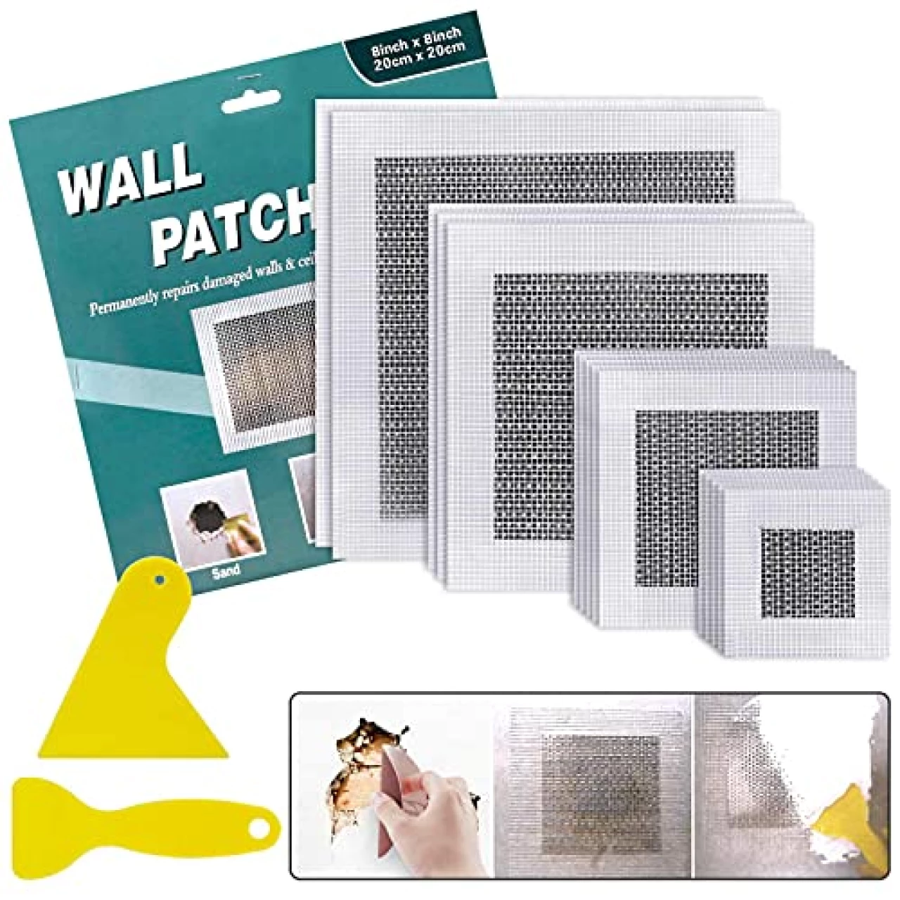 Seloom 15 Pcs Drywall Repair Kit, 2/4/6/8 Inch Self Adhesive Fiberglass Mesh Wall Repair Patches