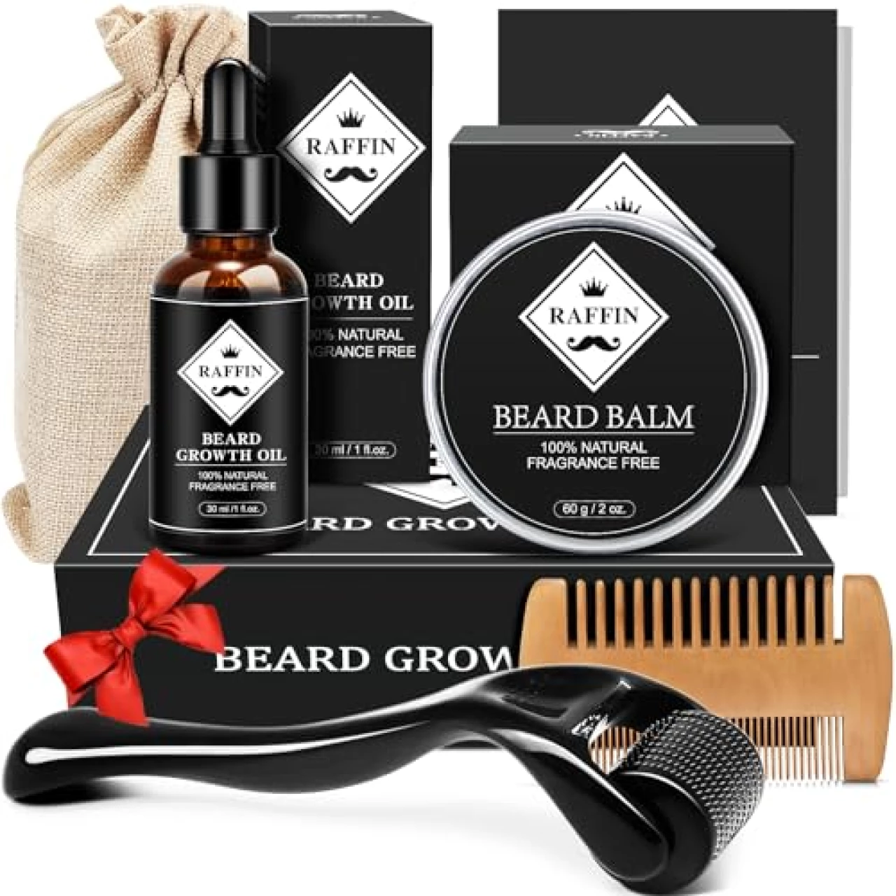 Beard Growth Kit - Beard Kit w/Beard Growth Oil, Beard Balm, 0.25mm Beard Roller, Beard Comb, Beard Kit for Patchy Beard, Unique Birthday &amp;Valentines Day Gifts for Him Boyfriend Husband Dad Men