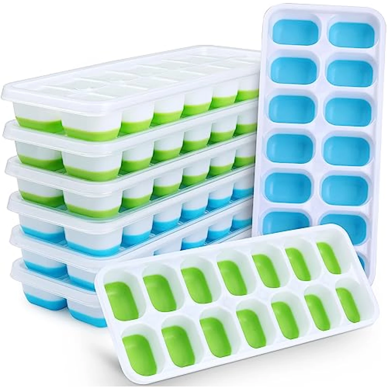 Silicone Ice Cube Tray, 8 Pack Easy-Release &amp; Flexible 14-Ice Cube Trays with Spill-Resistant Removable Lid, Stackable Ice Trays with Covers for Freezer, Cocktail (4 Blue + 4 Green)