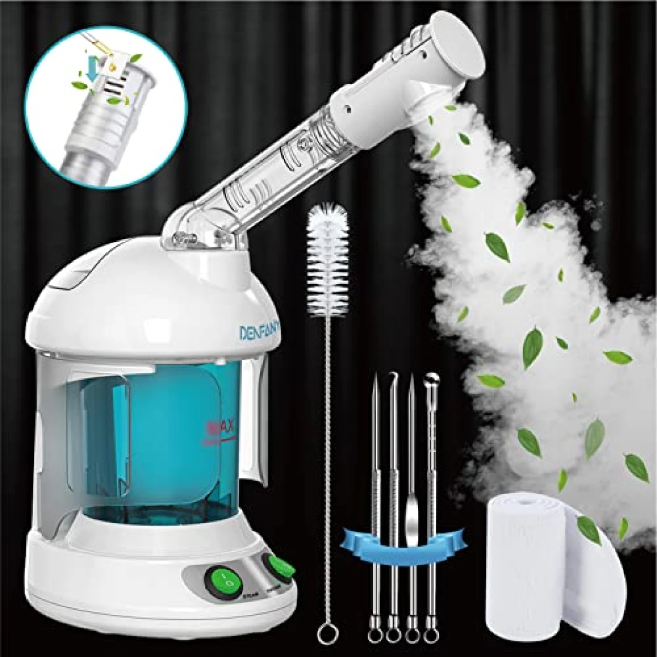 Nano Ionic Facial Steamer with 360° Rotating Nozzle, Portable Facial Steamer for Personal Care Use at Home or Salon Bonus 1 Piece Spa Headband 4 Piece Stainless Steel Skin Kit