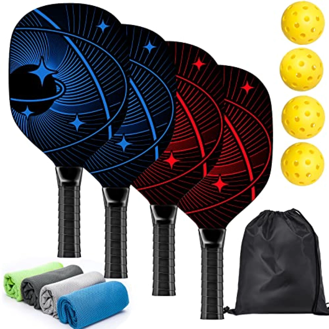 Pickleball Set with 4 Premium Wood Pickleball Paddles, 4 Pickleball Balls, 4 Cooling Towels &amp; Carry Bag, Pickleball Rackets with Ergonomic Cushion Grip, Gifts for Men Women