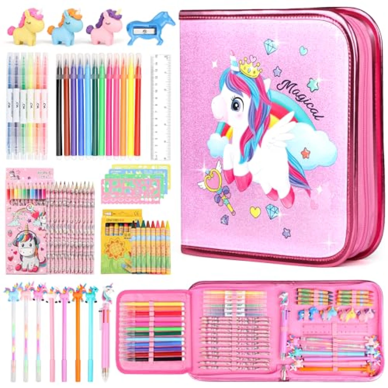beefunni Unicorn Fruit Scented Markers Set 56 Pcs, Art Supplies for Kids 4-6-8, Arts and Crafts Coloring Set, Markers Pencil Crayon&amp;Gel Pen Drawing Kits - Birthday Gifts for Girls 4 5 6 7 8 Year Old