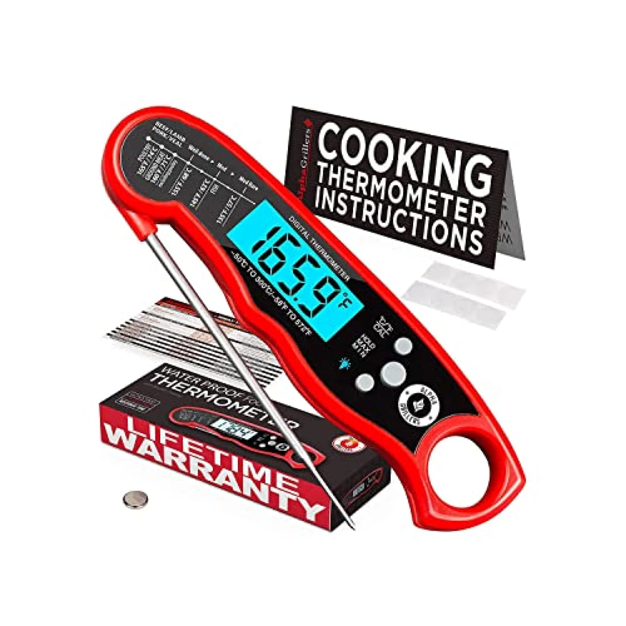 Alpha Grillers Instant Read Meat Thermometer for Grill and Cooking. Best Waterproof Ultra Fast Thermometer with Backlight &amp; Calibration. Digital Food Probe for Kitchen, Outdoor Grilling and BBQ!