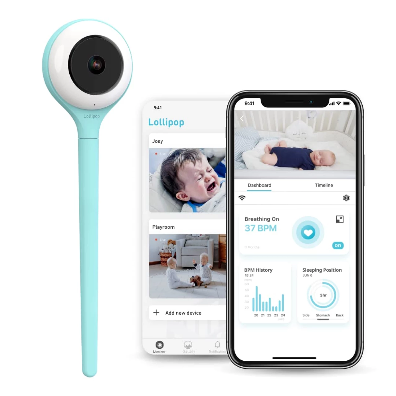 Lollipop Baby Monitor (Turquoise) - with Contactless Breathing Monitoring, Live View &amp; Sharing Video, Data History, Crying Detection, Crossing Detection
