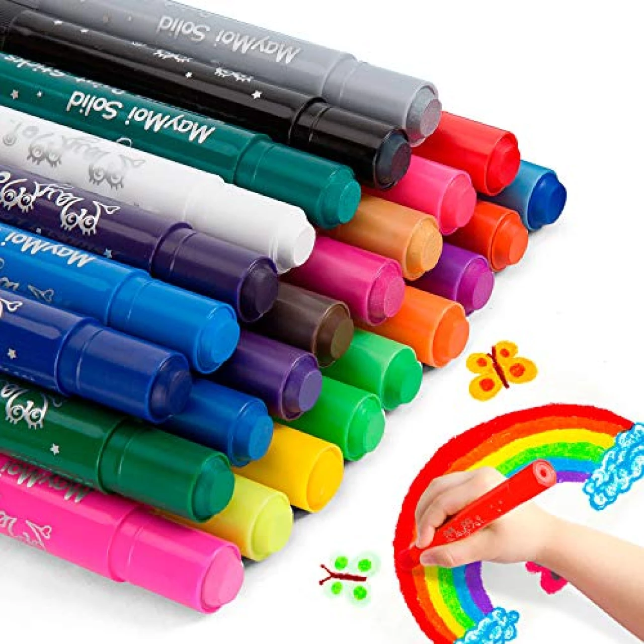 MayMoi Washable Tempera Paint Sticks | Non-Toxic, Quick Drying &amp; No Mess Paint Sticks for Kids (24 Bright Colors, 6g)