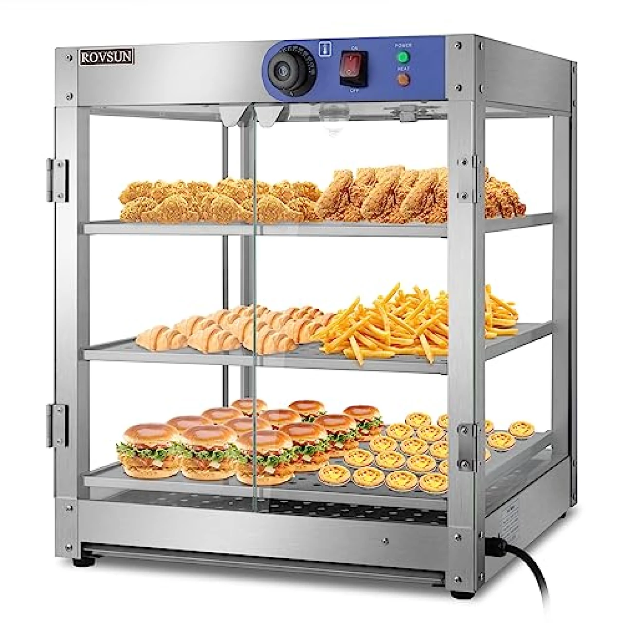 ROVSUN 3-Tier Food Warmer, 800W Commercial Food Warmer Display Electric Countertop Food Pizza Warmer with LED Lighting Removable Shelves Glass Door, Pastry Display Case for Buffet Restaurant 110V