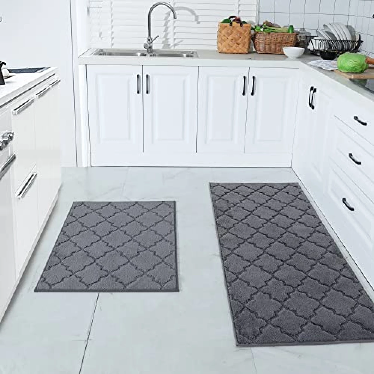COSY HOMEER Soft Kitchen Rugs [2 PCS] for in Front of Sink Super Absorbent Kitchen Floor Mats and Mats 24x35 Inch/24X60 Non-Skid Kitchen Mat Standing Mat Washable,Polyester,Grey