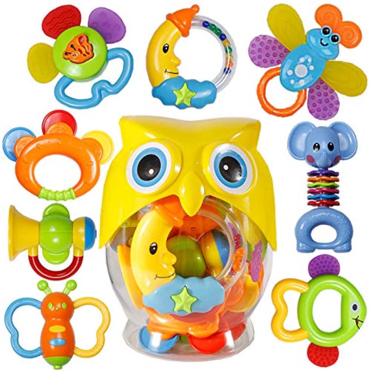 Baby Teether Rattles Sets Toy,Babies Grab Shaker and Spin Rattle Toy Early Educational Toys with Owl Bottle Set for 0,3,6,9,12 Month Newborn Toys Baby Boy Girl