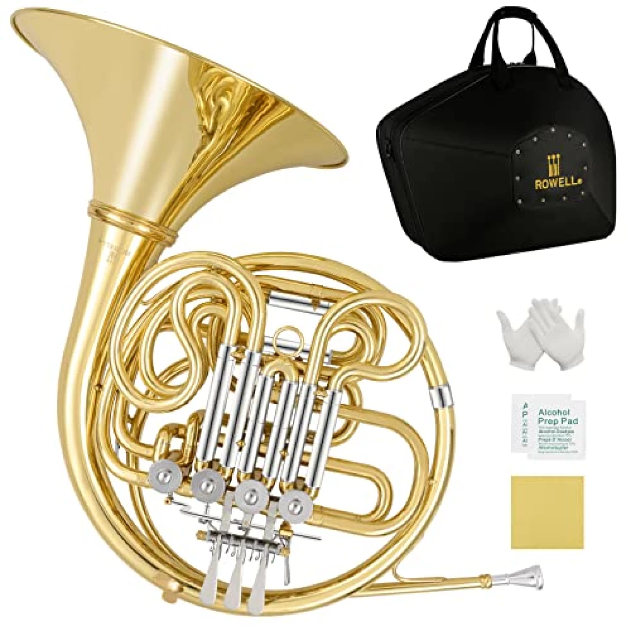 ROWELL Double French Horn F/Bb 4 Keys Gold Lacquer F French Horn Intermediate with Case, Mouthpiece Gloves and Polishing Cloth