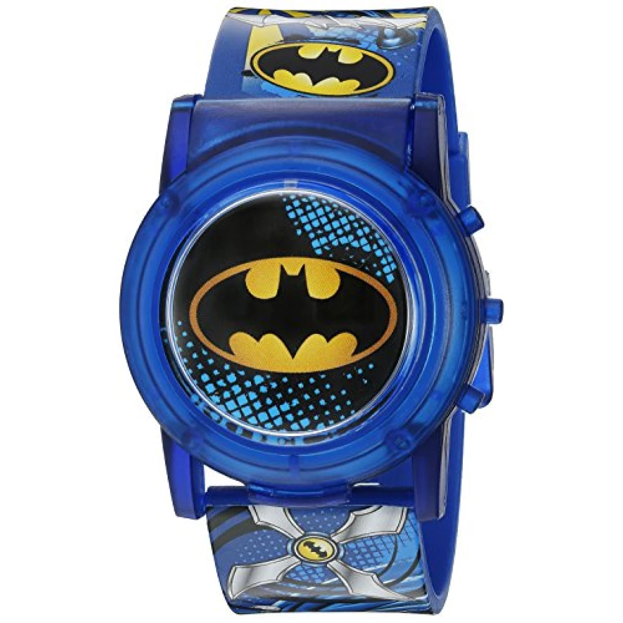 Accutime Batman DC Comics Boys Digital Watch, Flashing LCD Lights, Flip Open, Musical Watch, Blue Plastic Band