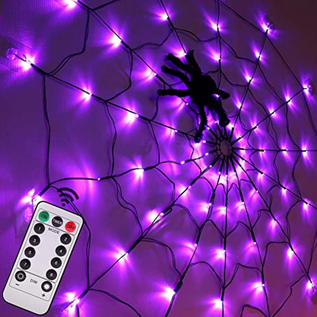 Halloween Spider Web Lights 4FT Diameter 70 LED with Black Spider, Waterproof Purple Net Lights, Remote Control, 8 Modes Cobweb Halloween Decorations for House Garden Indoor Outdoor Scary Theme