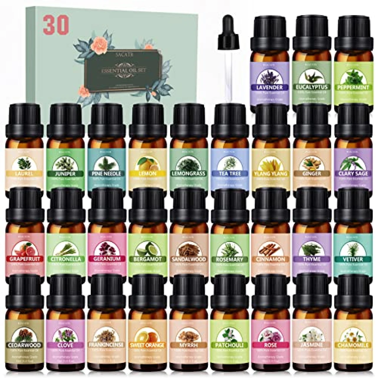 30 * 10ML Essential Oil Set - Essential Oils - 100% Natural Essential Oils - Perfect for Diffuser,Humidifier, Aromatherapy, Massage, Skin, Hair Care,DIY