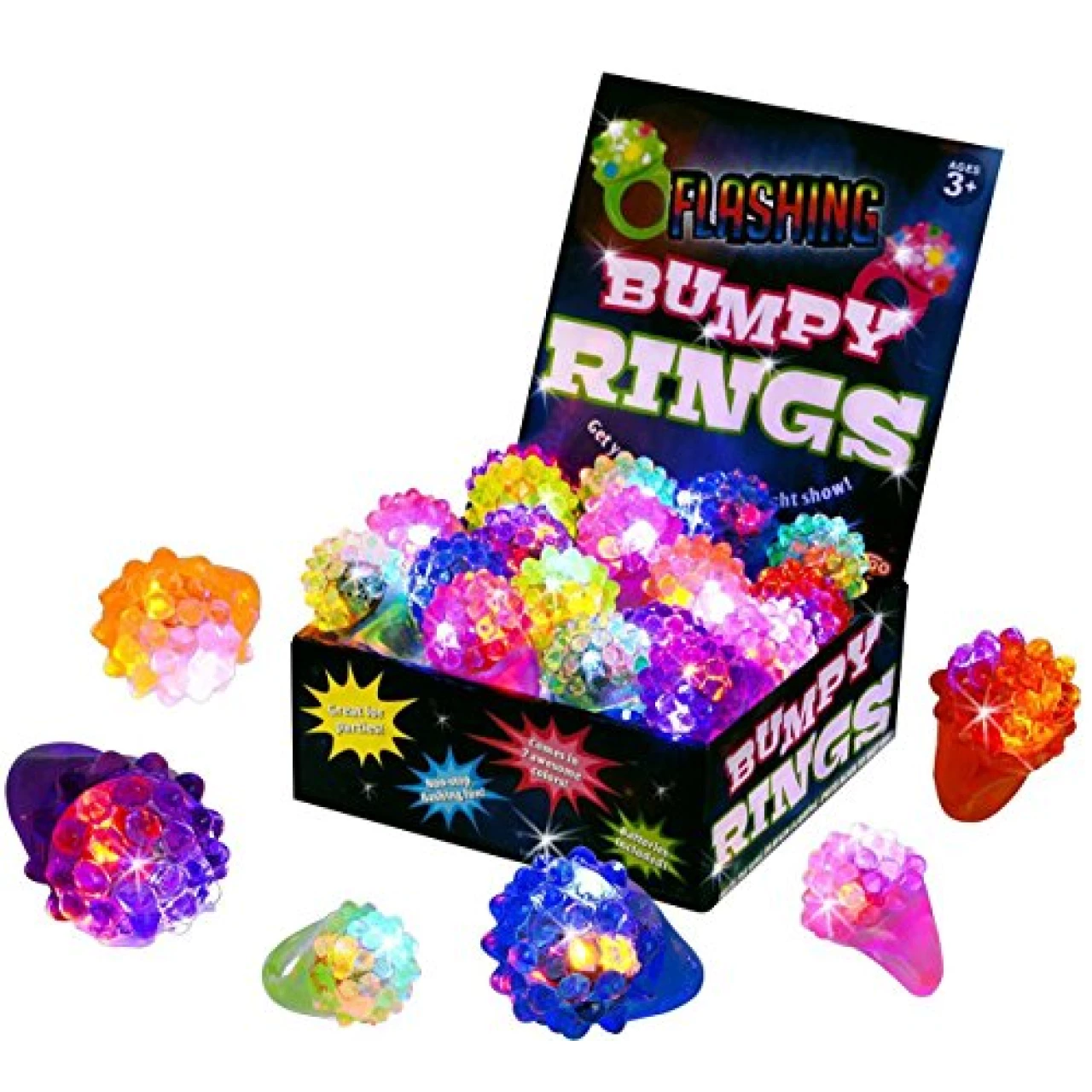 Kangaroo Kids&rsquo; LED Light Up Rings or Glow-in-The-Dark Neon Ring Bumpy Toy Decorations for Birthday Party Favors, Glow Party Favors, Small Toys for Kids Prizes, Surprise Toys for Girls, Boys, 18 Pack
