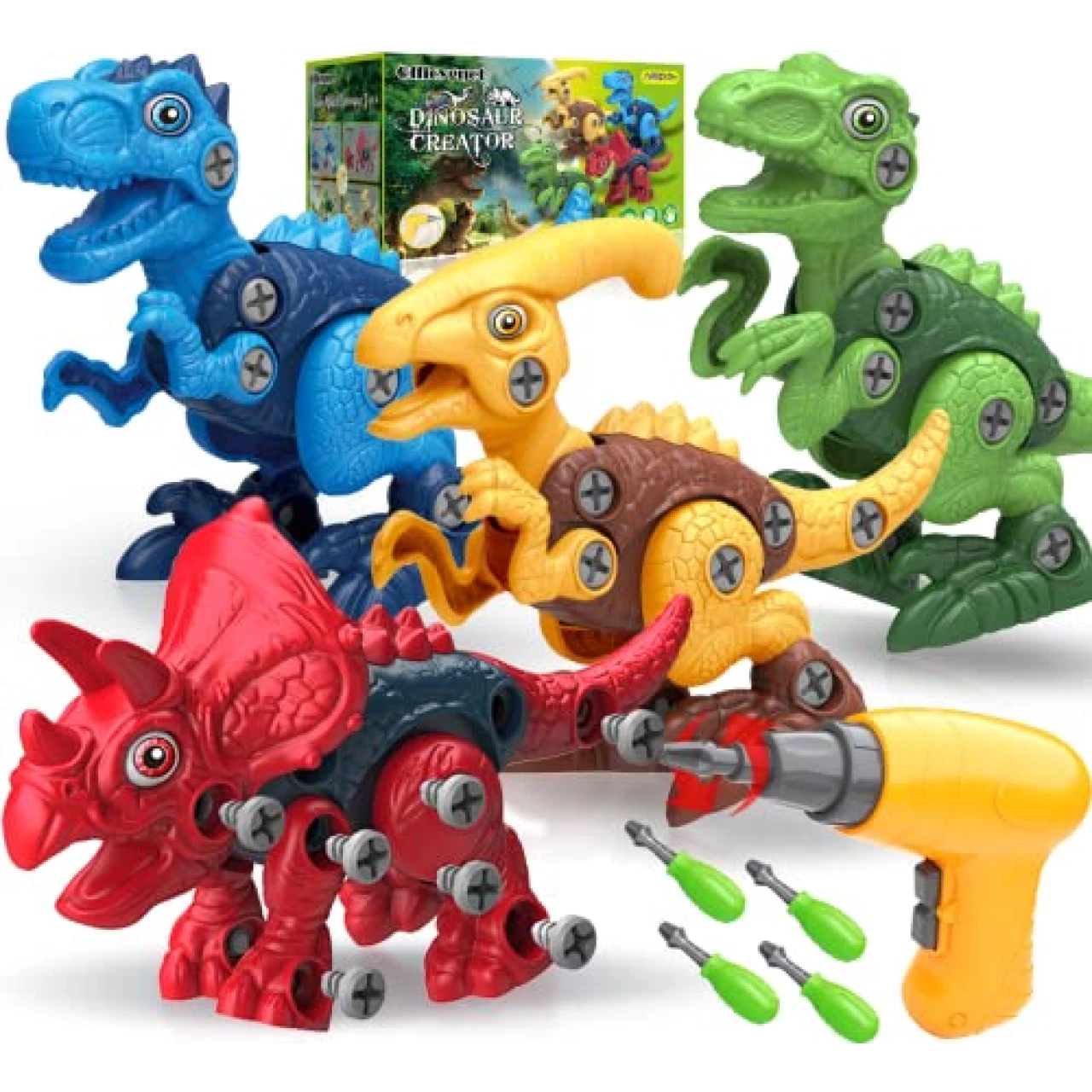 Dinosaur Toys for 3, 4, 5, 6, 7 Year Old Boys, Take Apart Toys with Electric Drill for Kids, STEM Educational Construction Building Toys, Ideal Xmas Birthday Gift, Incl Tyrannosaurus Rex Triceratop