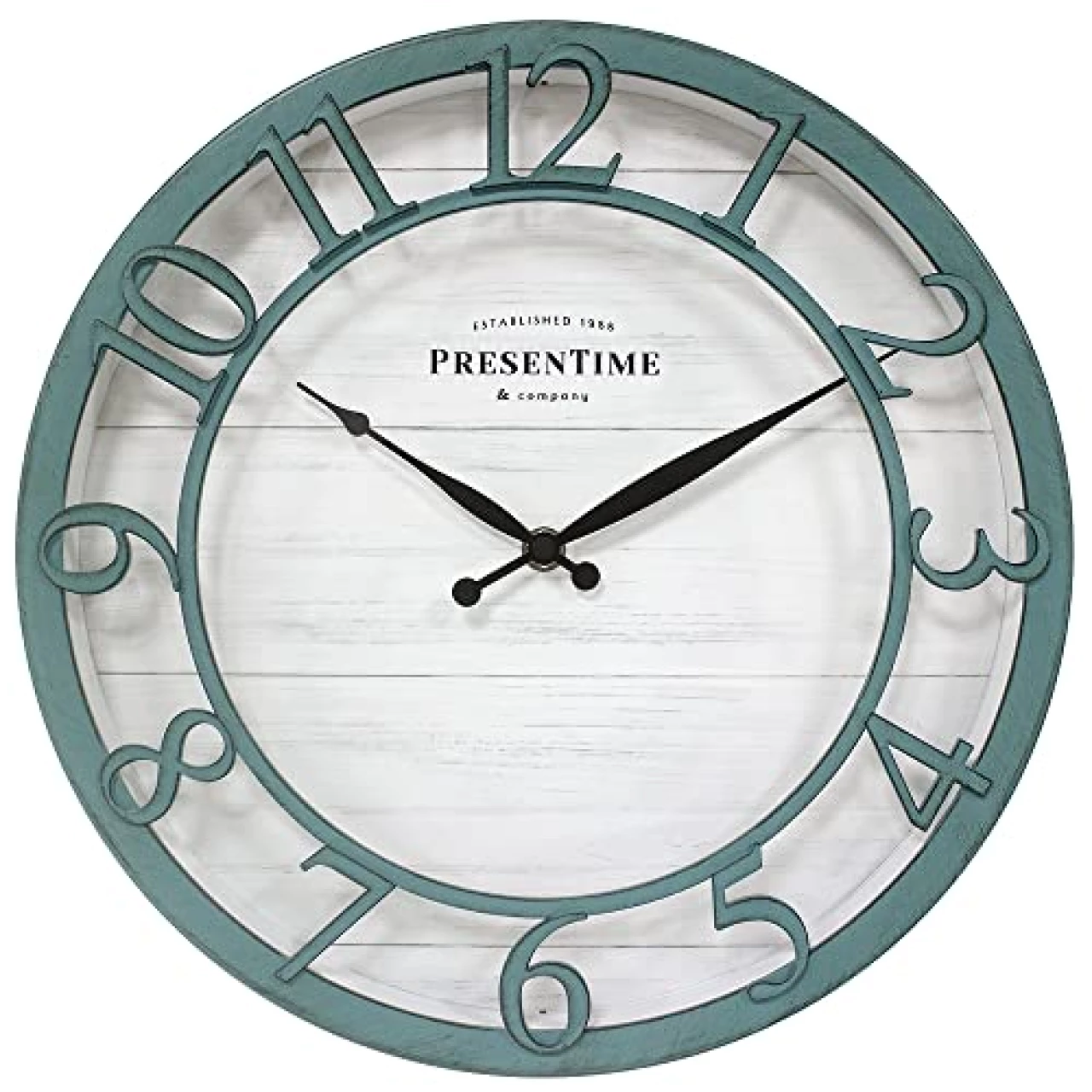 PresenTime &amp; Co 13&quot; Farmhouse Series Wall Clock, Shiplap Style, Silent No Ticking, Coastal Clock, Raised 3D Arabic Numeral, Aged Teal Finish