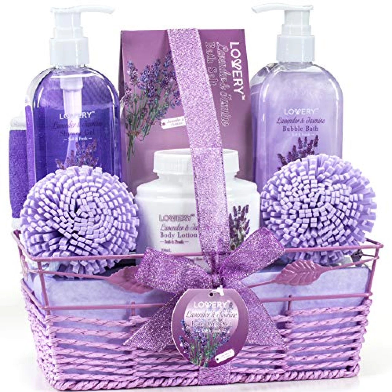 Valentine Day Gifts, Spa Gift Baskets For Women - Bath and Body Gift Basket For Women and Men – Lavender and Jasmine Home Spa Set with Body Lotions, Bubble Bath, Bath Salt and Much More, Birthday Gift