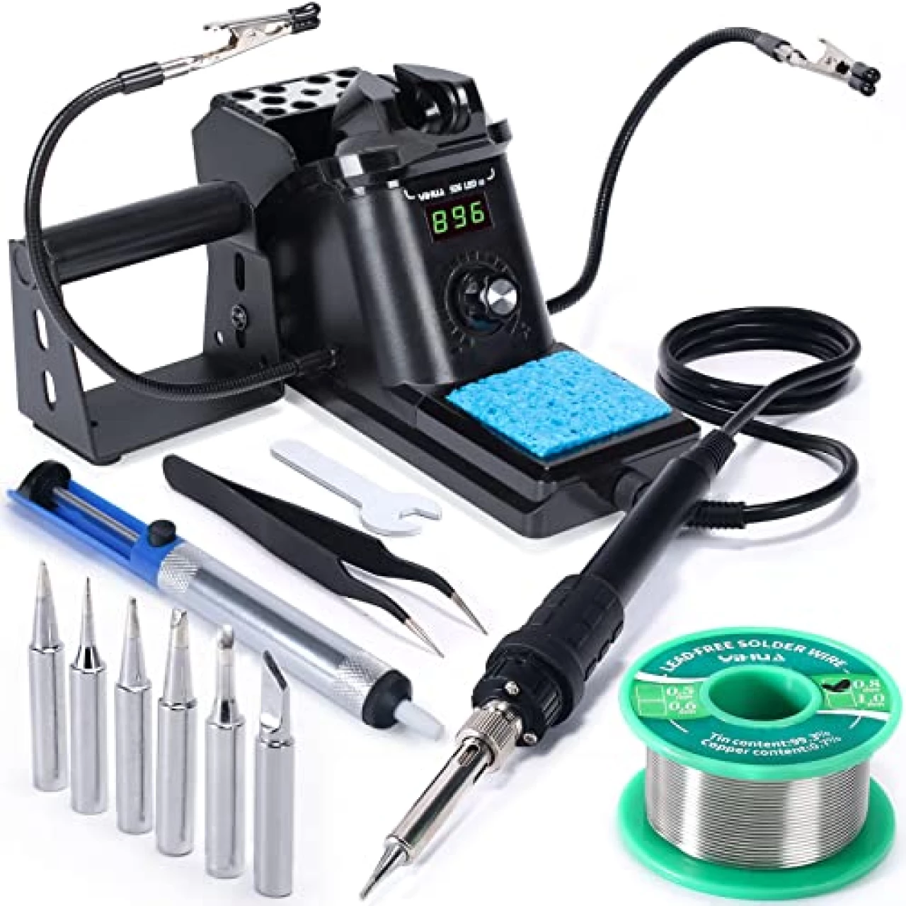 YIHUA 926 III 60W Digital Display Soldering Iron Station Kit w 2 Helping Hands, 6 Extra Iron Tips, Lead-Free Solder, Solder Sucker, S/S Tweezers, °C/ºF Conversion, Auto Sleep &amp; Calibration Support