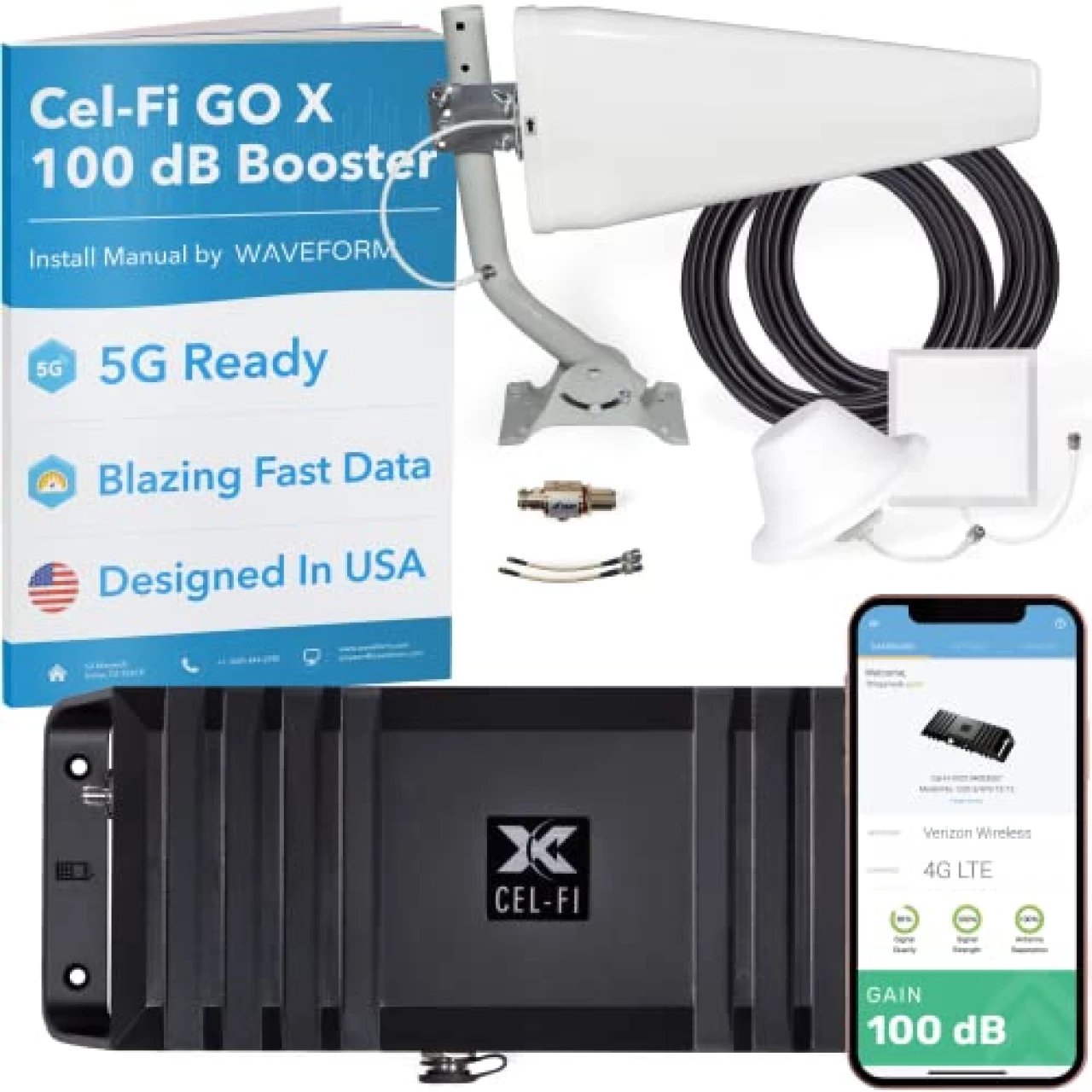 CEL-FI GO X | Cell Phone Booster for Homes | 4G, 5G, AT&amp;T, Verizon &amp; T-Mobile | The Only 100 dB Cell Phone Signal Booster | FCC Approved | 1 Antenna Kit