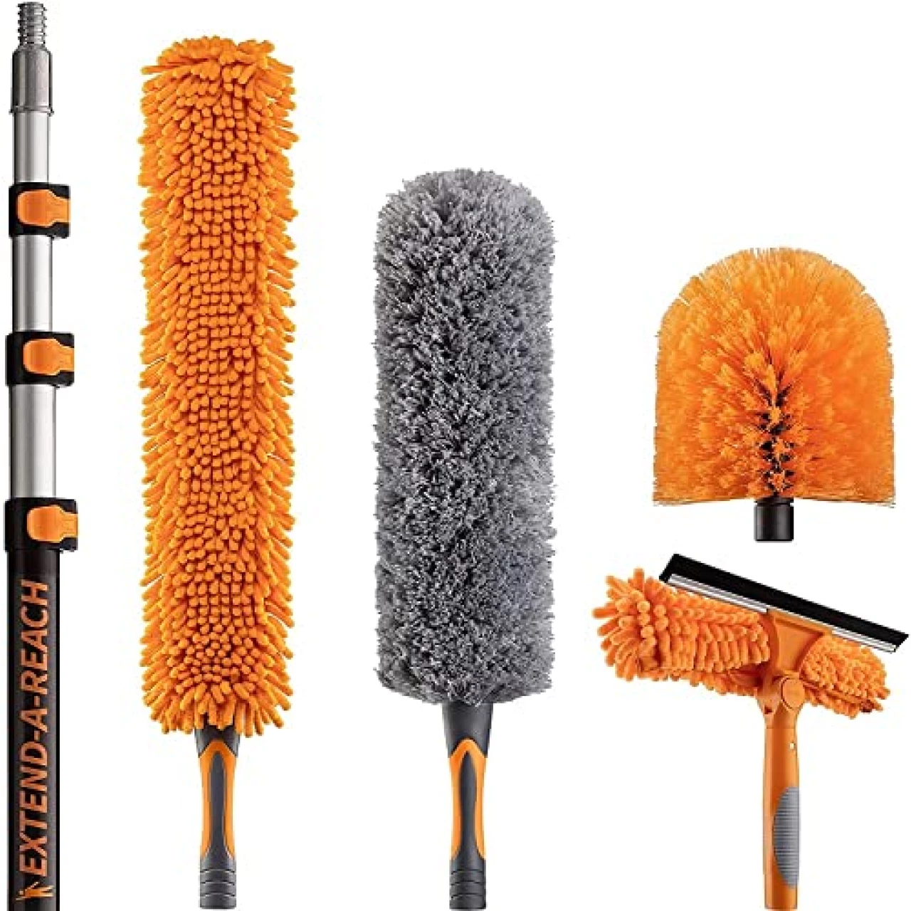 36 Foot High Reach Duster Kit with 7-30 ft Extension Pole // High Ceiling Dusting and Window Cleaning Kit with Telescopic Pole // Window Washer &amp; Squeegee, Cobweb Duster, Fan Blade and Feather Dusters